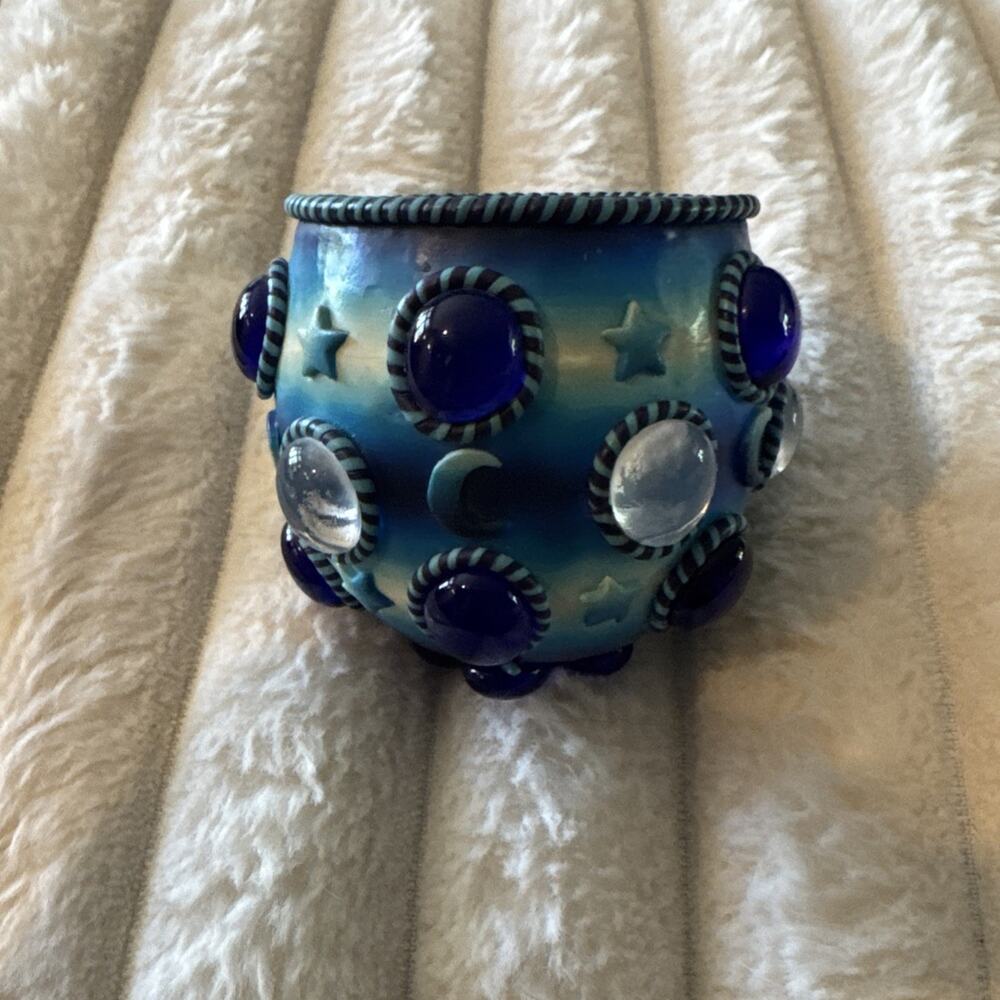 Vintage FIMO Whimsygoth Clay Candle Holder Celestial Star Moon Glass Blue